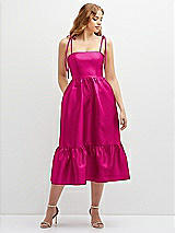 Front View Thumbnail - Think Pink Shirred Ruffle Hem Midi Dress with Self-Tie Spaghetti Straps and Pockets