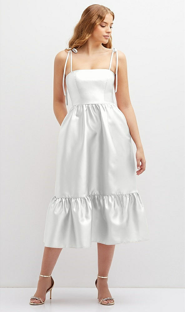 Front View - White Shirred Ruffle Hem Midi Dress with Self-Tie Spaghetti Straps and Pockets