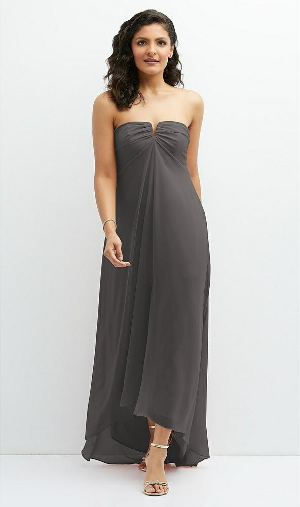 Front View - Caviar Gray Strapless Draped Notch Neck Chiffon High-Low Dress