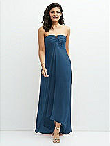 Front View Thumbnail - Dusk Blue Strapless Draped Notch Neck Chiffon High-Low Dress