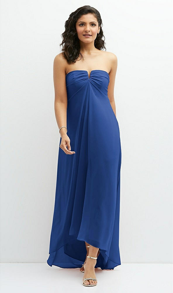 Front View - Classic Blue Strapless Draped Notch Neck Chiffon High-Low Dress