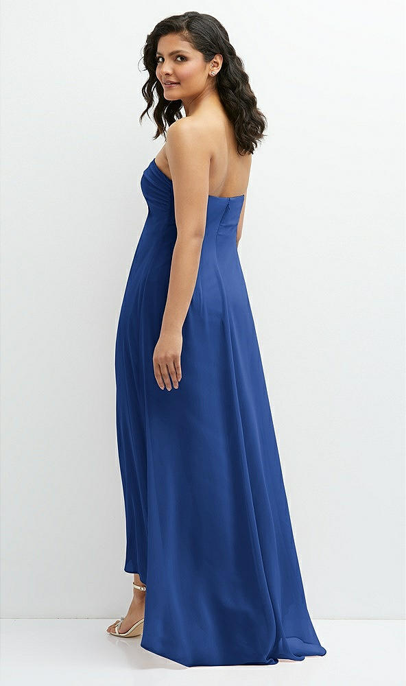 Back View - Classic Blue Strapless Draped Notch Neck Chiffon High-Low Dress