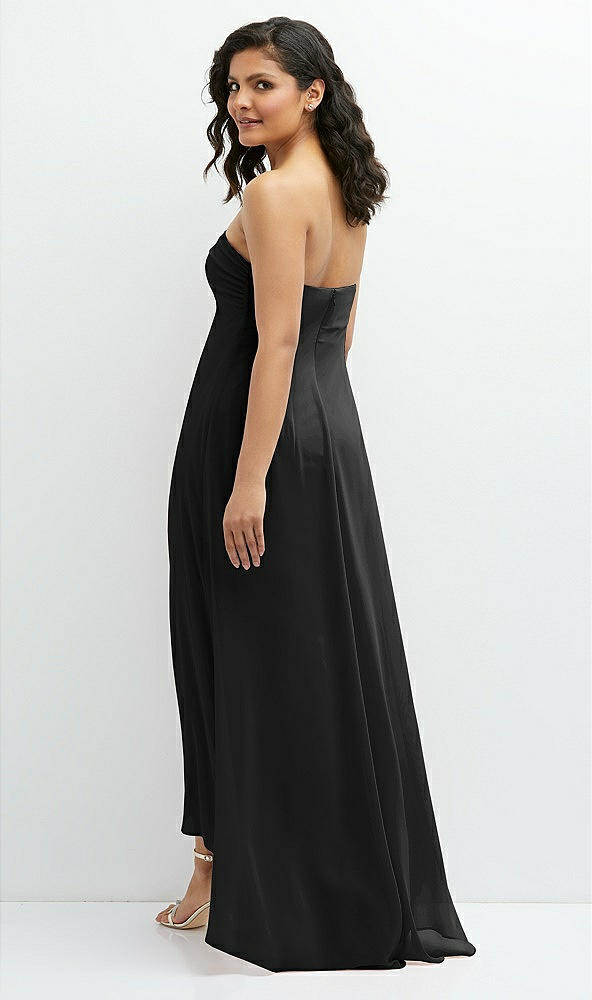 Back View - Black Strapless Draped Notch Neck Chiffon High-Low Dress