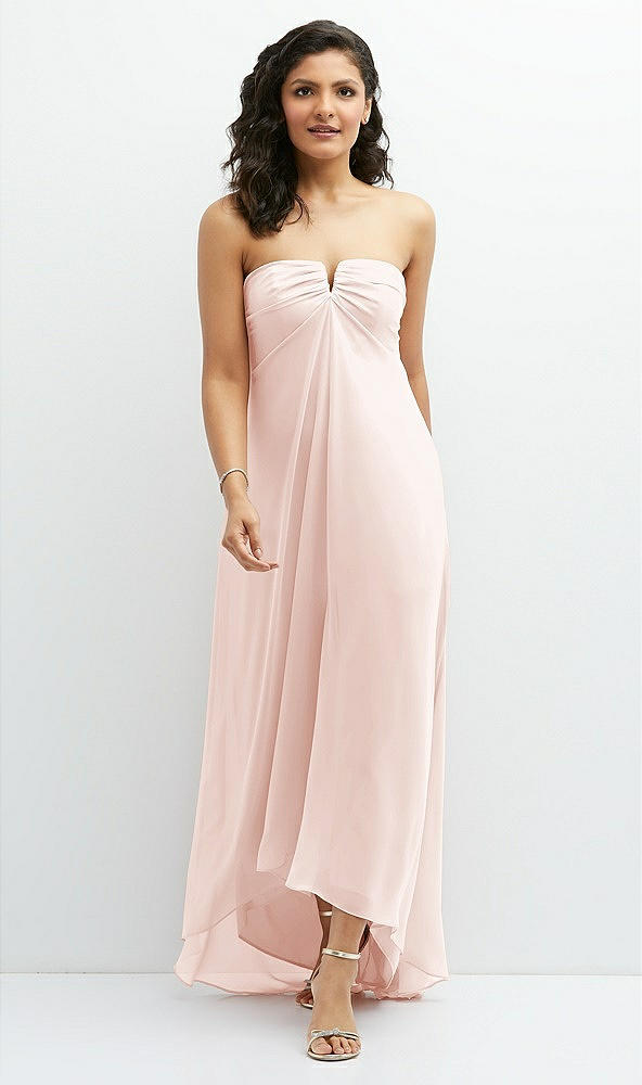 Front View - Blush Strapless Draped Notch Neck Chiffon High-Low Dress