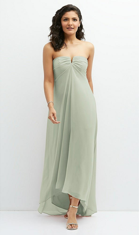 Front View - Celadon Strapless Draped Notch Neck Chiffon High-Low Dress