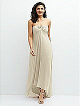 Front View Thumbnail - Champagne Strapless Draped Notch Neck Chiffon High-Low Dress