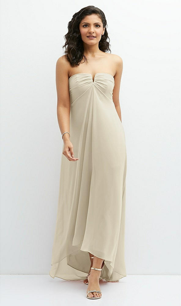 Front View - Champagne Strapless Draped Notch Neck Chiffon High-Low Dress