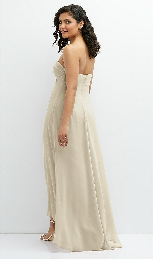 Back View - Champagne Strapless Draped Notch Neck Chiffon High-Low Dress