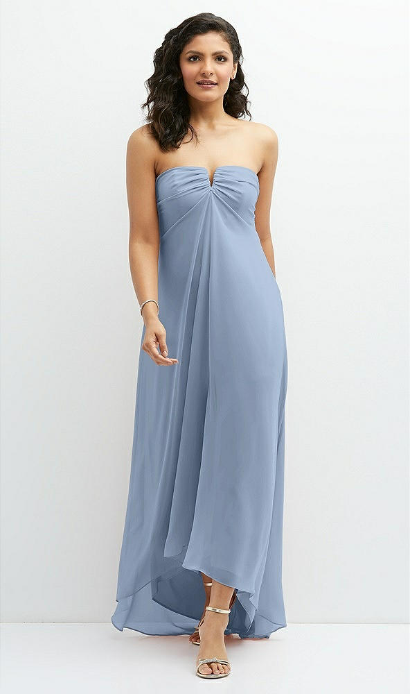 Front View - Cloudy Strapless Draped Notch Neck Chiffon High-Low Dress