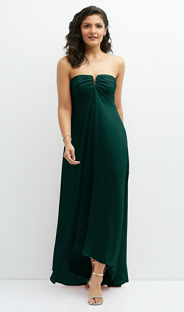 Front View - Evergreen Strapless Draped Notch Neck Chiffon High-Low Dress