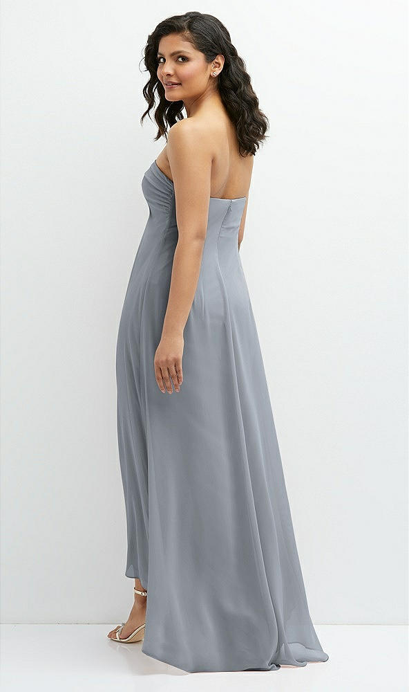 Back View - Platinum Strapless Draped Notch Neck Chiffon High-Low Dress