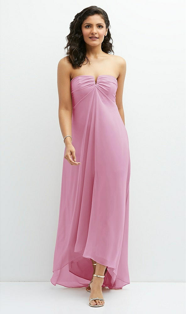 Front View - Powder Pink Strapless Draped Notch Neck Chiffon High-Low Dress