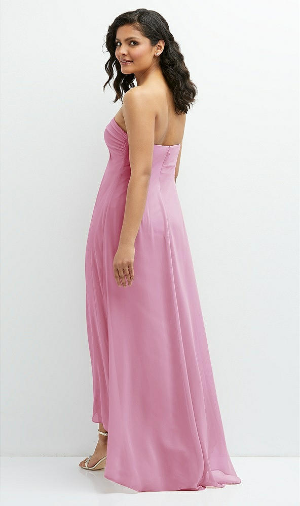 Back View - Powder Pink Strapless Draped Notch Neck Chiffon High-Low Dress