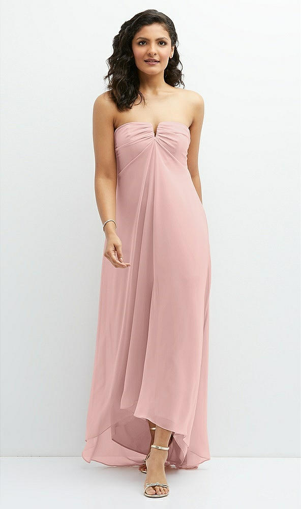 Front View - Rose - PANTONE Rose Quartz Strapless Draped Notch Neck Chiffon High-Low Dress