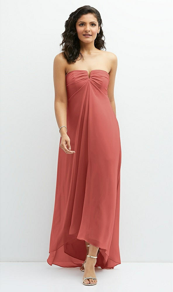 Front View - Coral Pink Strapless Draped Notch Neck Chiffon High-Low Dress