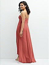 Rear View Thumbnail - Coral Pink Strapless Draped Notch Neck Chiffon High-Low Dress