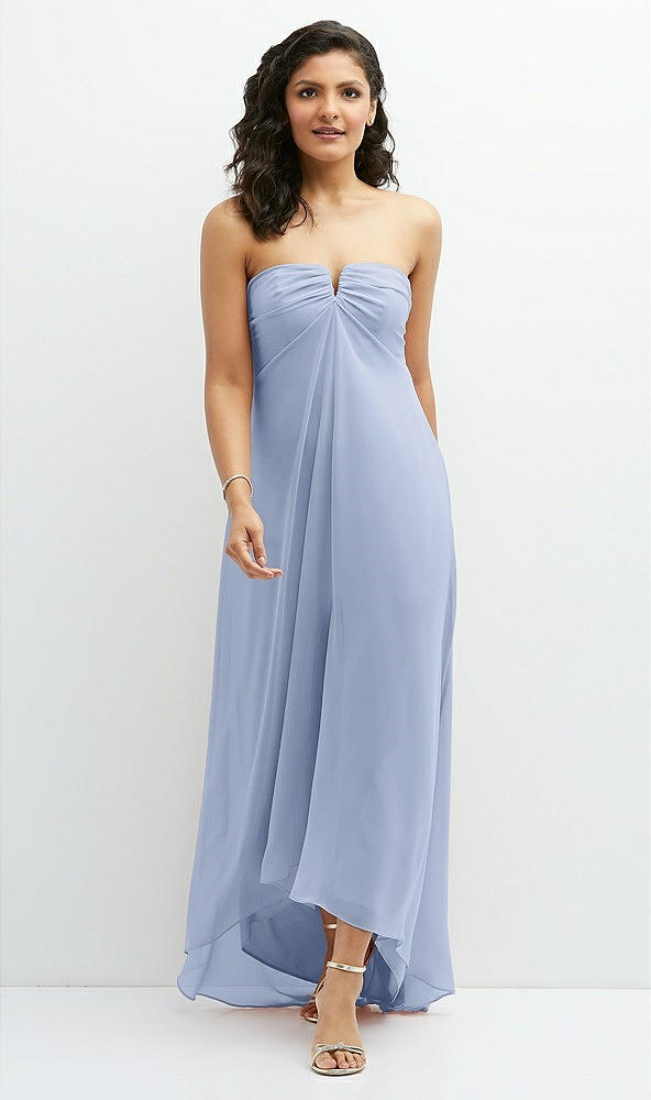 Front View - Sky Blue Strapless Draped Notch Neck Chiffon High-Low Dress