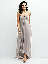 Front View Thumbnail - Taupe Strapless Draped Notch Neck Chiffon High-Low Dress