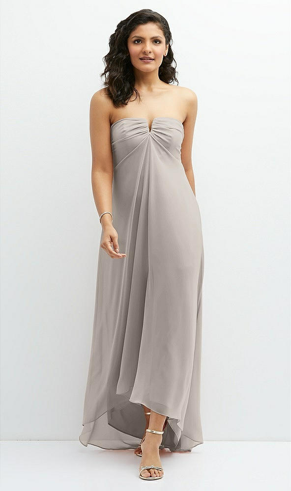 Front View - Taupe Strapless Draped Notch Neck Chiffon High-Low Dress