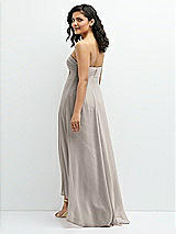 Rear View Thumbnail - Taupe Strapless Draped Notch Neck Chiffon High-Low Dress