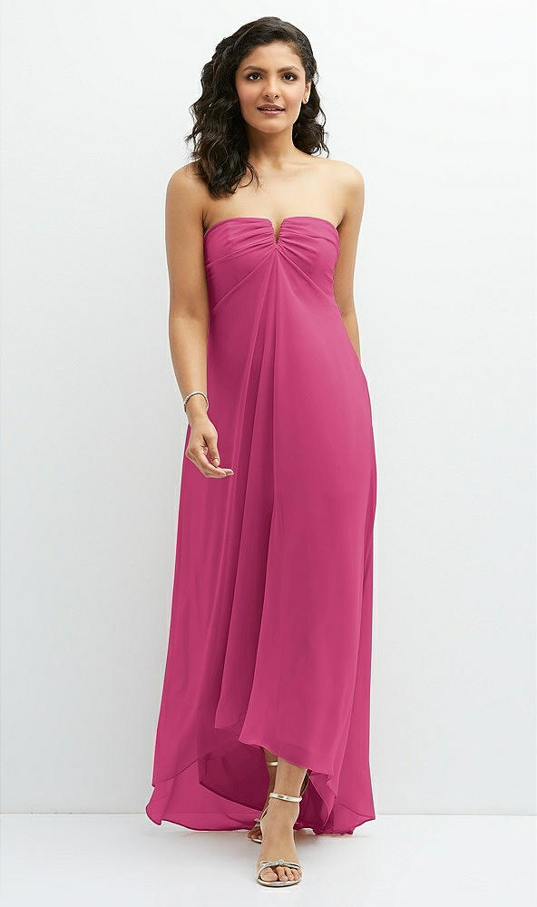 Front View - Tea Rose Strapless Draped Notch Neck Chiffon High-Low Dress