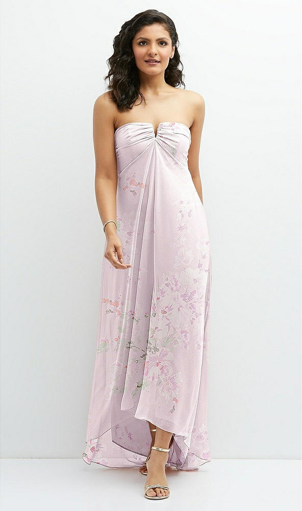 Front View - Watercolor Print Strapless Draped Notch Neck Chiffon High-Low Dress