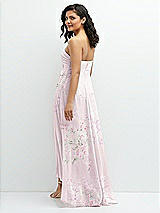 Rear View Thumbnail - Watercolor Print Strapless Draped Notch Neck Chiffon High-Low Dress