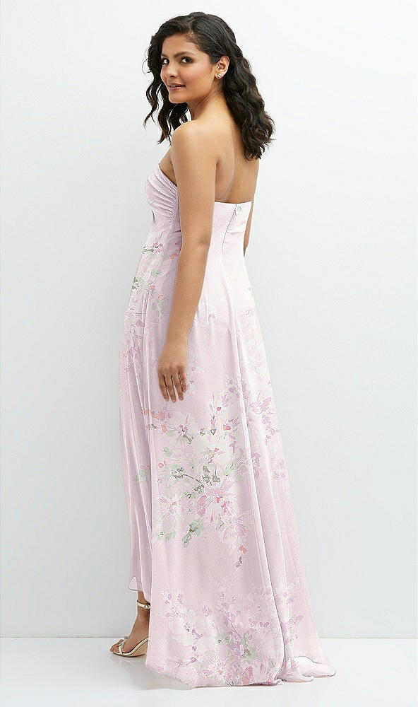 Back View - Watercolor Print Strapless Draped Notch Neck Chiffon High-Low Dress