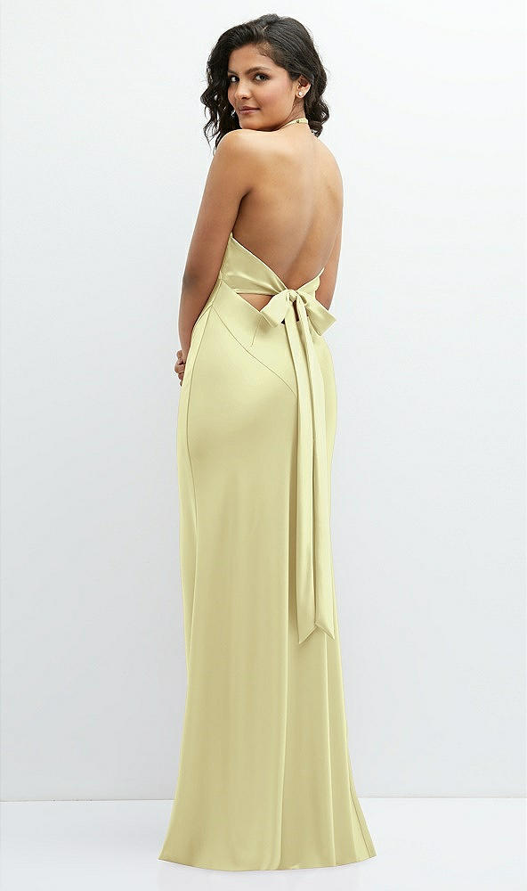 Back View - Butter Yellow Plunge Halter Open-Back Maxi Bias Dress with Low Tie Back