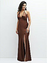 Front View Thumbnail - Cognac Plunge Halter Open-Back Maxi Bias Dress with Low Tie Back