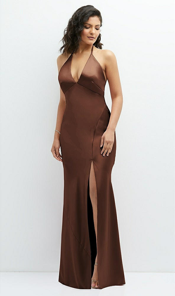 Front View - Cognac Plunge Halter Open-Back Maxi Bias Dress with Low Tie Back