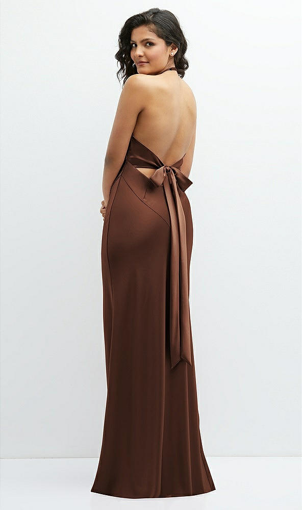 Back View - Cognac Plunge Halter Open-Back Maxi Bias Dress with Low Tie Back