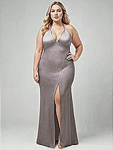 Alt View 1 Thumbnail - Cashmere Gray Plunge Halter Open-Back Maxi Bias Dress with Low Tie Back