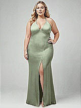 Alt View 1 Thumbnail - Sage Plunge Halter Open-Back Maxi Bias Dress with Low Tie Back