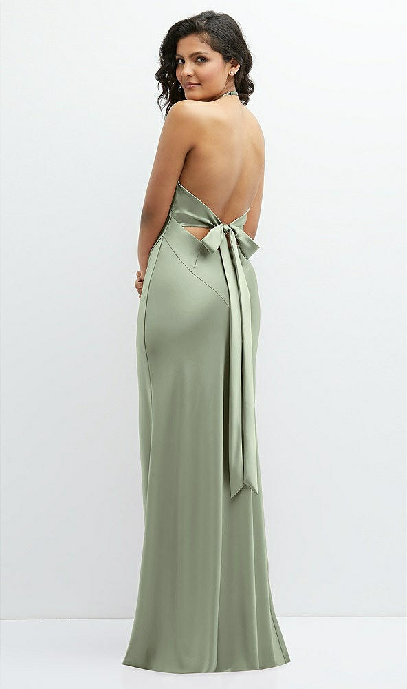 Back View - Sage Plunge Halter Open-Back Maxi Bias Dress with Low Tie Back