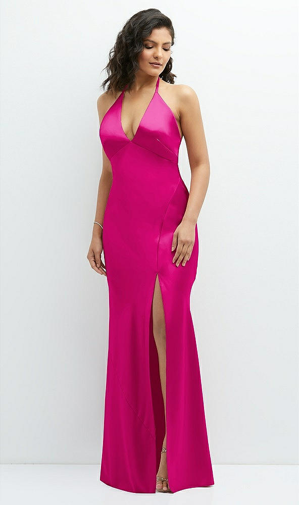 Front View - Think Pink Plunge Halter Open-Back Maxi Bias Dress with Low Tie Back