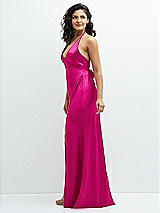 Side View Thumbnail - Think Pink Plunge Halter Open-Back Maxi Bias Dress with Low Tie Back