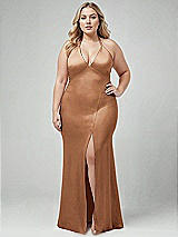 Alt View 1 Thumbnail - Toffee Plunge Halter Open-Back Maxi Bias Dress with Low Tie Back