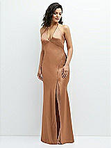 Front View Thumbnail - Toffee Plunge Halter Open-Back Maxi Bias Dress with Low Tie Back