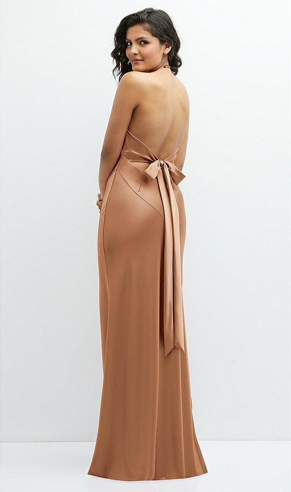 Back View - Toffee Plunge Halter Open-Back Maxi Bias Dress with Low Tie Back