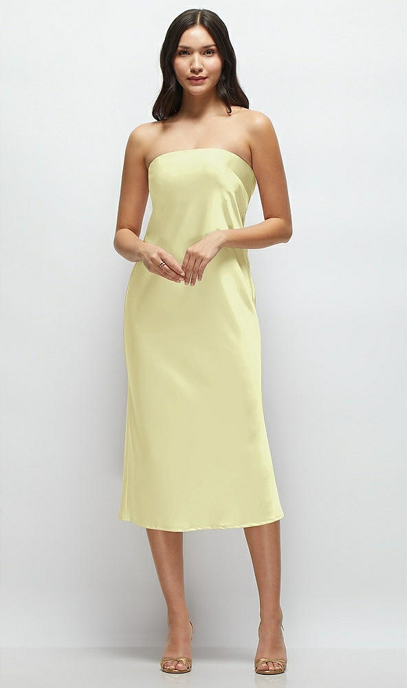 Front View - Butter Yellow Strapless Midi Bias Column Dress with Peek-a-Boo Corset Back