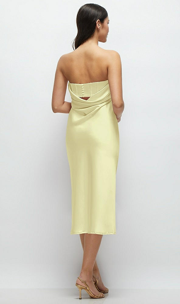 Back View - Butter Yellow Strapless Midi Bias Column Dress with Peek-a-Boo Corset Back