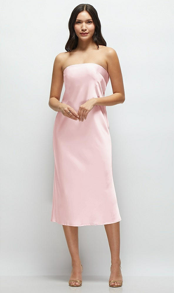 Front View - Ballet Pink Strapless Midi Bias Column Dress with Peek-a-Boo Corset Back