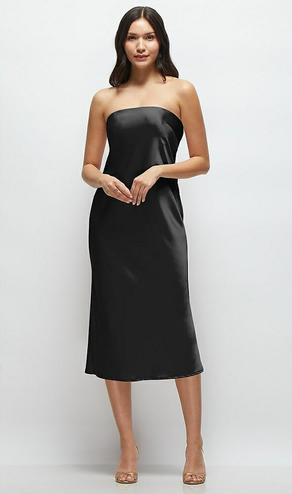 Front View - Black Strapless Midi Bias Column Dress with Peek-a-Boo Corset Back