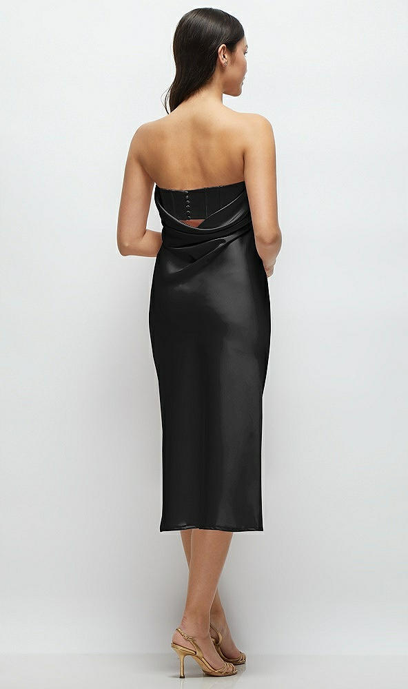 Back View - Black Strapless Midi Bias Column Dress with Peek-a-Boo Corset Back