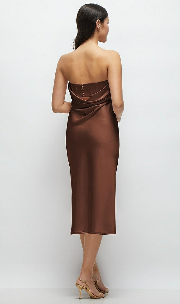 Back View - Cognac Strapless Midi Bias Column Dress with Peek-a-Boo Corset Back