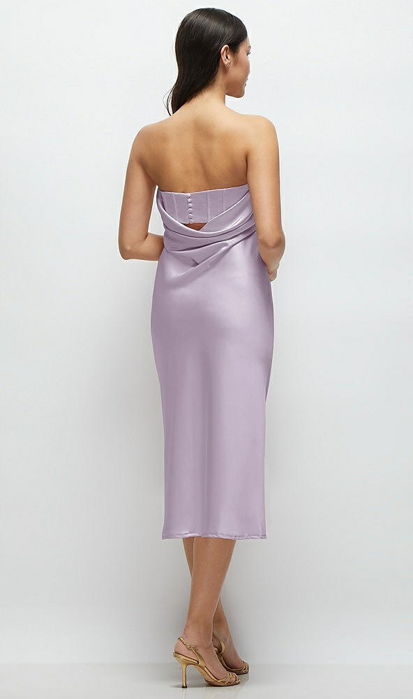 Back View - Lilac Haze Strapless Midi Bias Column Dress with Peek-a-Boo Corset Back