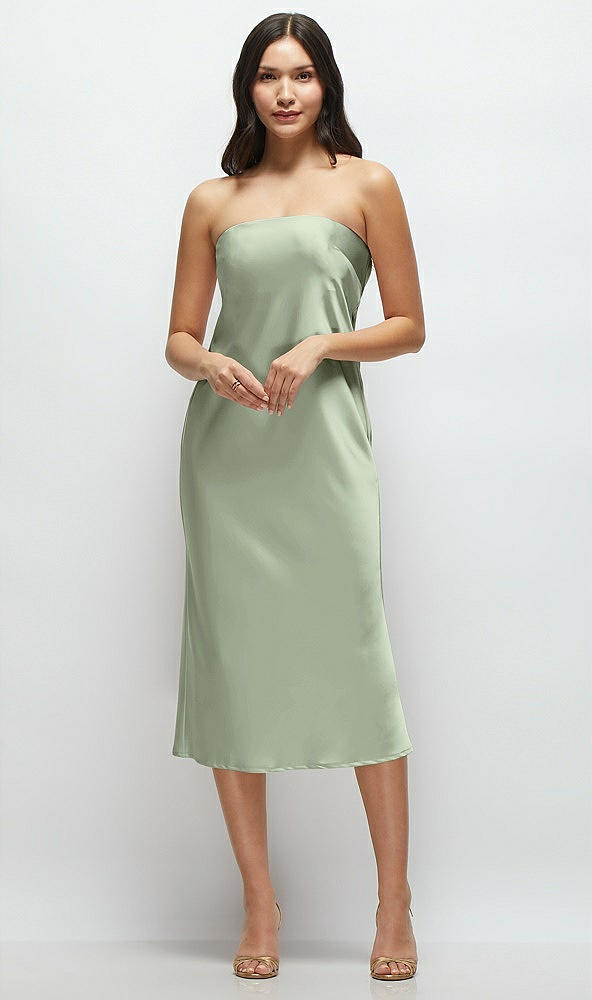 Front View - Sage Strapless Midi Bias Column Dress with Peek-a-Boo Corset Back