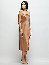 Side View Thumbnail - Toffee Strapless Midi Bias Column Dress with Peek-a-Boo Corset Back