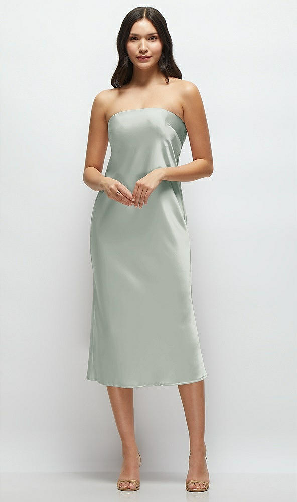 Front View - Willow Green Strapless Midi Bias Column Dress with Peek-a-Boo Corset Back